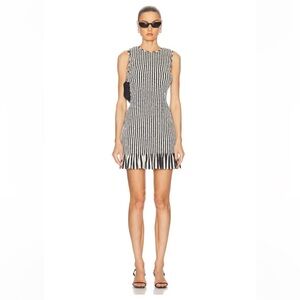 Simon Miler Belle Smocked Mini Dress in Black & Macadamia Micro Stripe